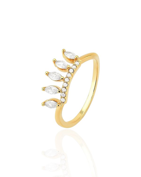 Anel Coroa Navete Cravejada - Banho de Ouro 18k