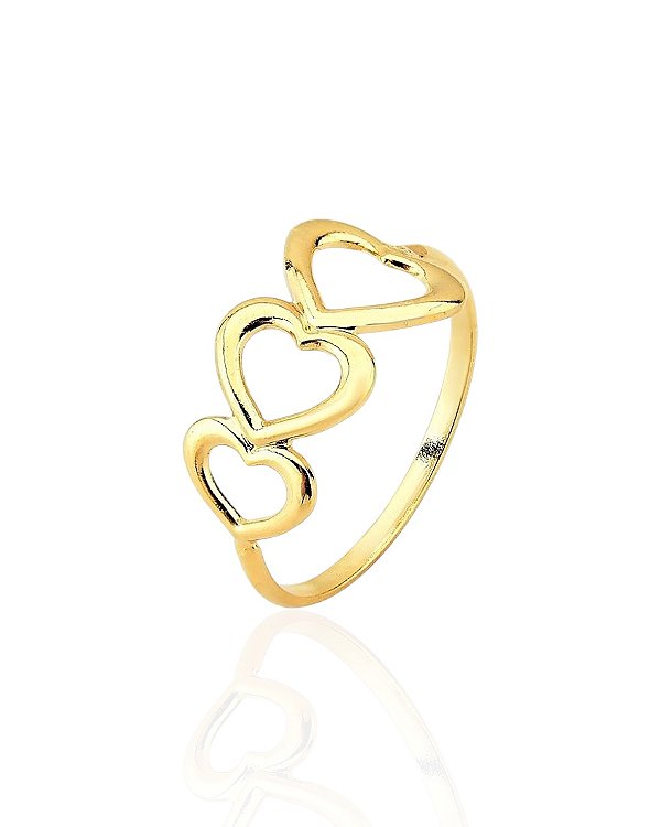 Anel Falange 3 Corações Vazados - Banho de Ouro 18k