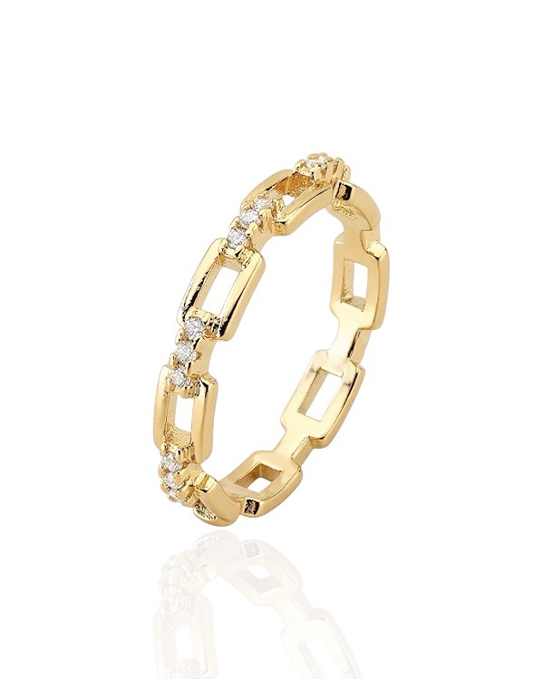 Anel Corrente Cravejada Vazada - Banho de Ouro 18k