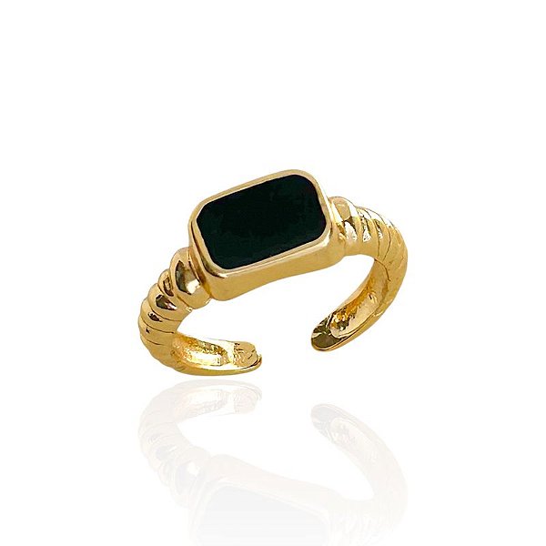 Anel Regulável Quadrado de Resina Preto - Banho de Ouro 18k