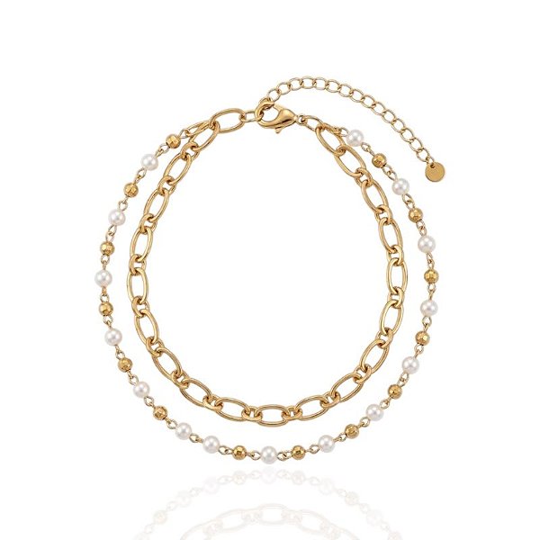 Pulseira Dupla Elos com Pérolas e Bolinhas - Banho Ouro 18k