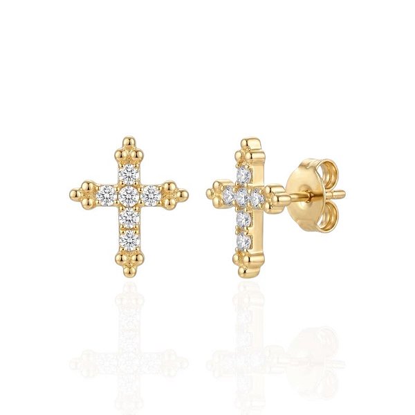 Brinco Cruz Cravejada com Detalhes de Bolinhas - Banho de Ouro 18k