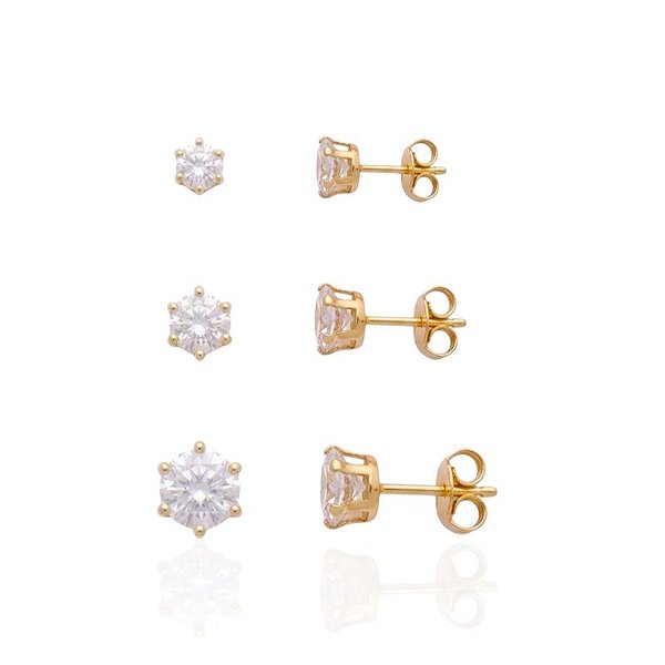 Brinco Trio Zircônia Redondo Caixa Alta - Banho de Ouro 18k