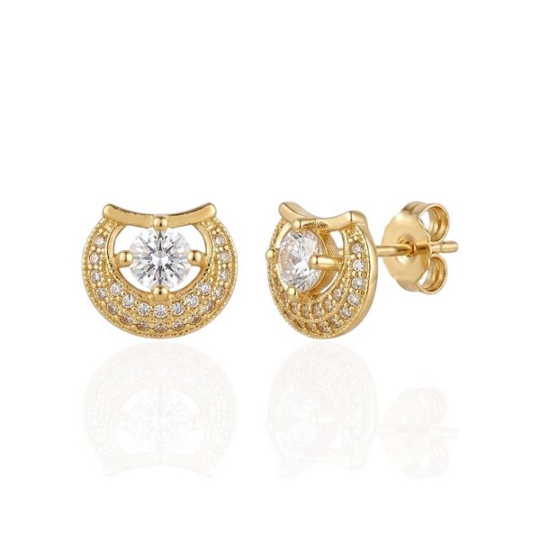 Brinco Zircônia e Meia Lua Cravejado - Banho de Ouro 18k