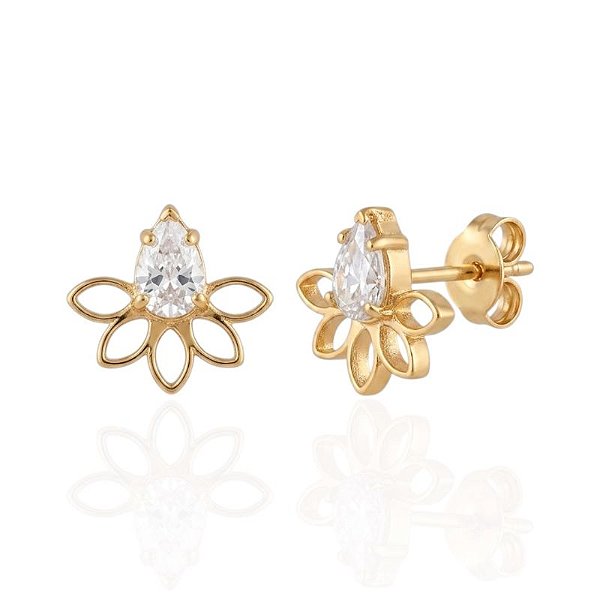 Brinco Leque Vazado com Zircônia - Banho de Ouro 18k