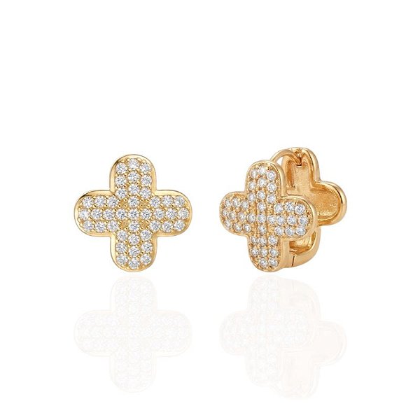 Brinco Trevo Cravejado Articulado Clique - Banho de Ouro 18k