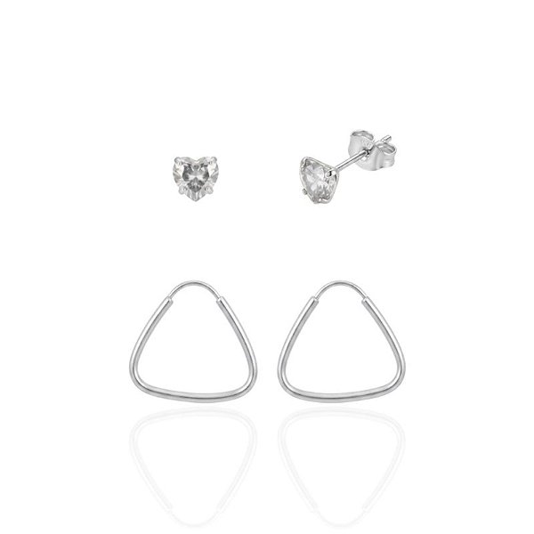 Brinco Duo Zircônia Coração Cristal + Argolinha Triângulo 1,3cm - Prata 925