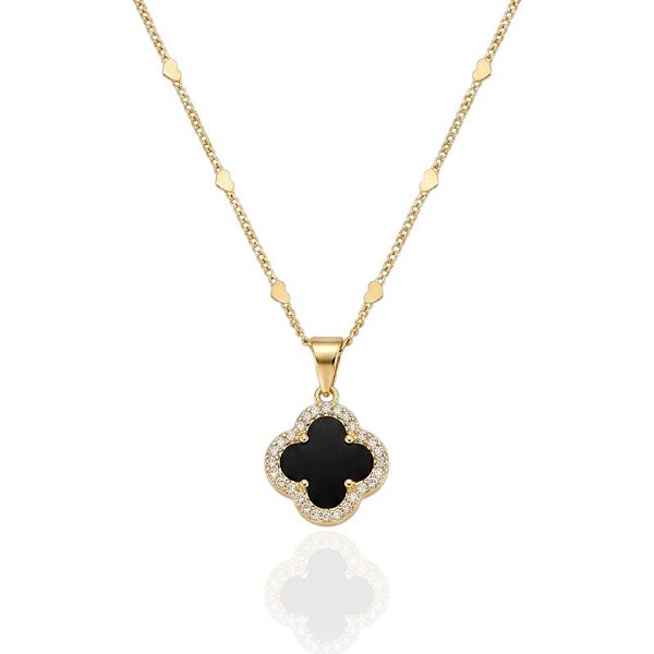 Colar Trevo Resina Preta Borda Cravejada 45cm - Banho de Ouro 18k