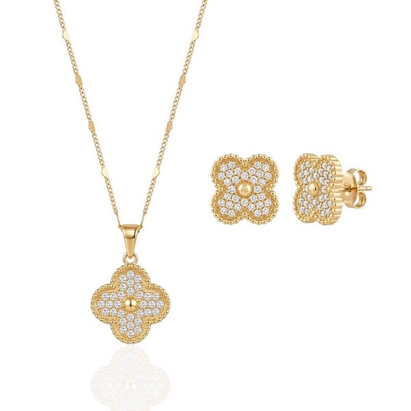 Conjunto Colar + Brinco Trevo Cravejado - Banho de Ouro 18k