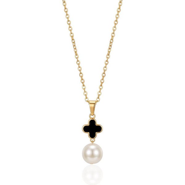 Colar Trevo Resina Preta com Pérola Veneziana 45cm - Banho de Ouro 18k