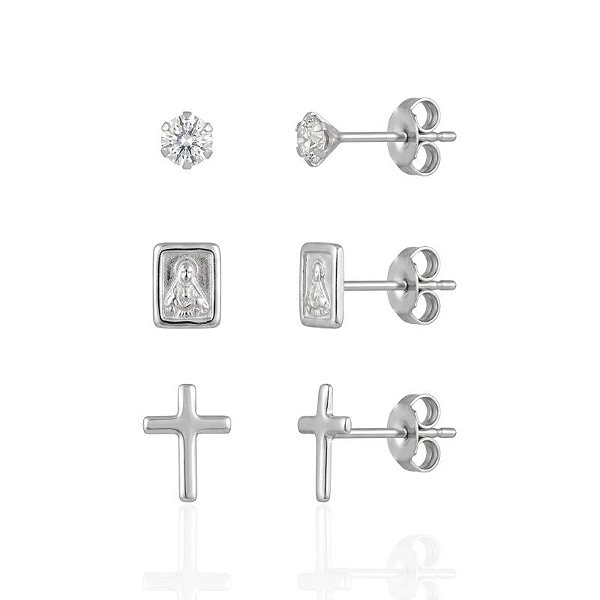 Brinco Trio Cruz, Paquinha Sagrado Coração e Zircônia Cristal - Prata 925