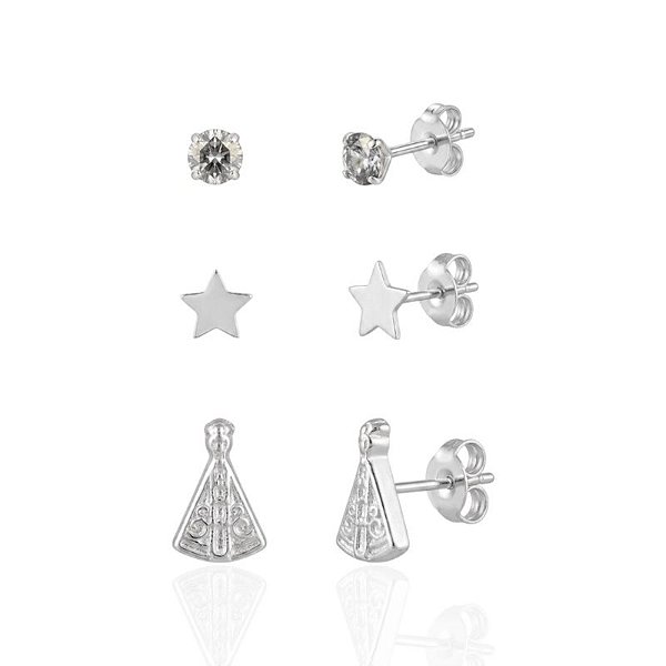 Brinco Trio Nossa Senhora, Estrela e Zircônia Cristal - Prata 925