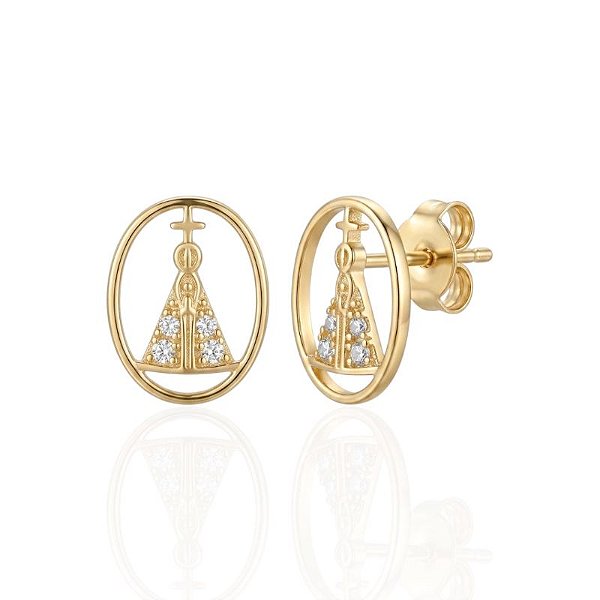 Brinco Nossa Senhora Cravejado Círculo Vazado - Banho de Ouro 18k