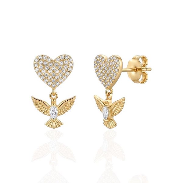 Brinco Coração Cravejado com Espirito Santo - Banho de Ouro 18k