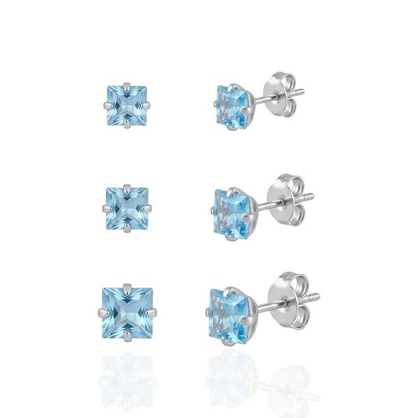 Brinco Trio Zircônia Quadrada Azul - Prata 925