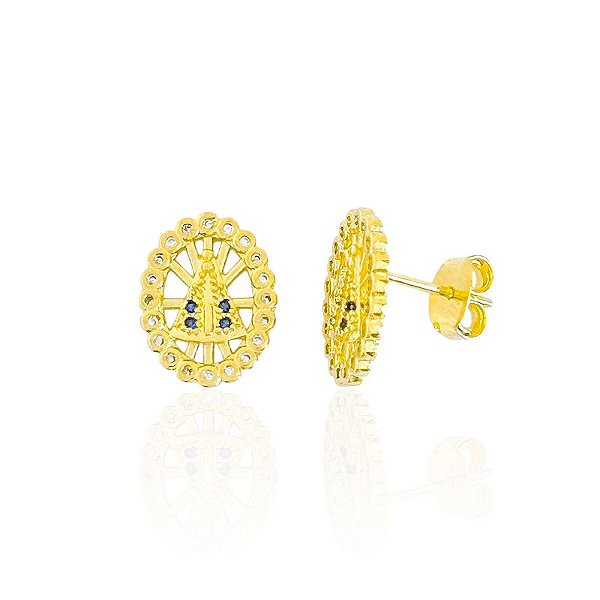 Brinco Nossa Senhora Oval Cravejado - Banho de Ouro 18k