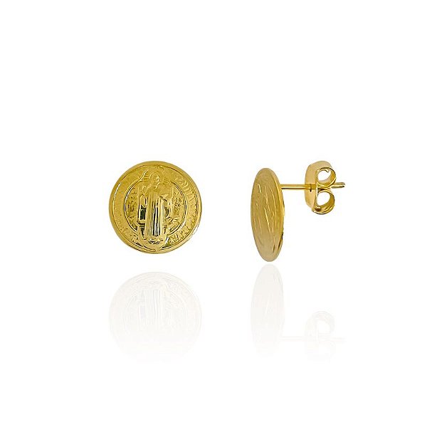 Brinco Medalha de São Bento - Banho de Ouro 18k