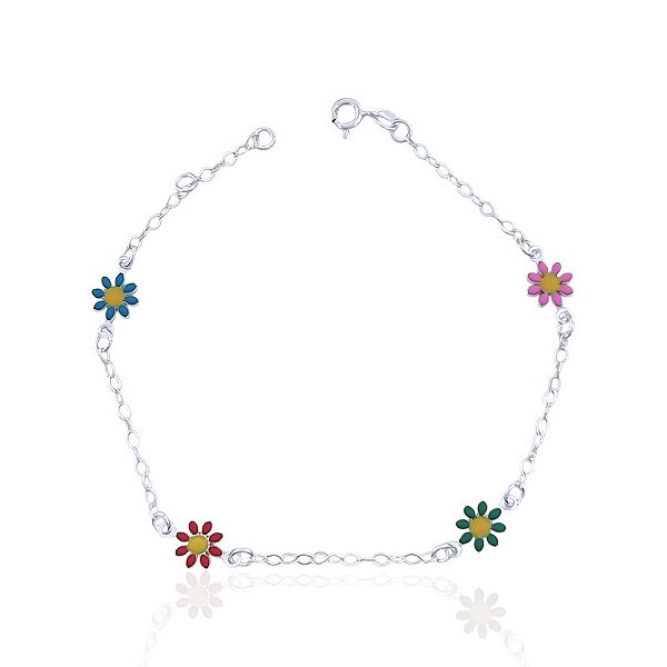 Pulseira 4 Flores Resina Colorida Elo Português 21cm - Prata 925
