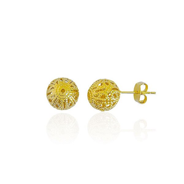 Brinco Bolinha Trabalhada Vazada - Banho de Ouro 18k