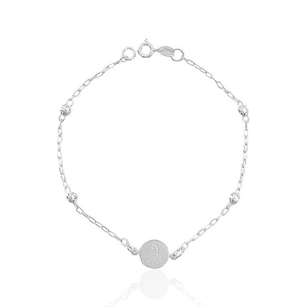 Pulseira Bolinhas com Plaquinha de Nossa Senhora 18cm - Prata 925