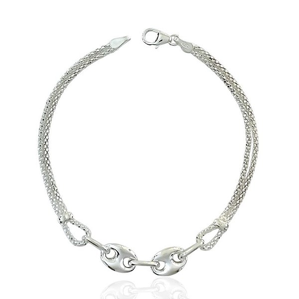 Pulseira Pipoca 2 Fios com Elos 18cm - Prata 925