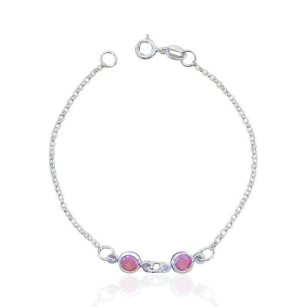 Pulseira Infantil 2 Zircônias Rosa Elo Português 18cm - Prata 925