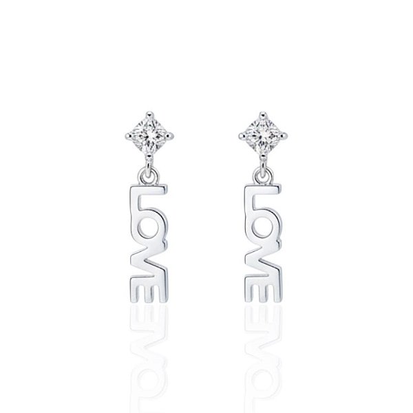 Brinco Ponto de Luz Zircônia c/ Pingente Love 1,8cm - Prata 925