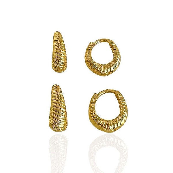 Brinco Duo Argolinha Riscada - Banho de Ouro 18k