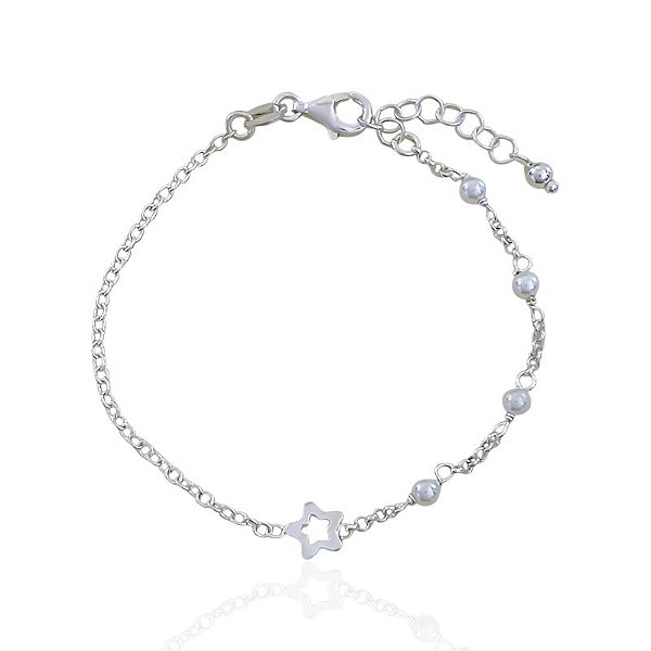 Pulseira Infantil Elo Português com Estrela e Perolas 14cm - Prata 925