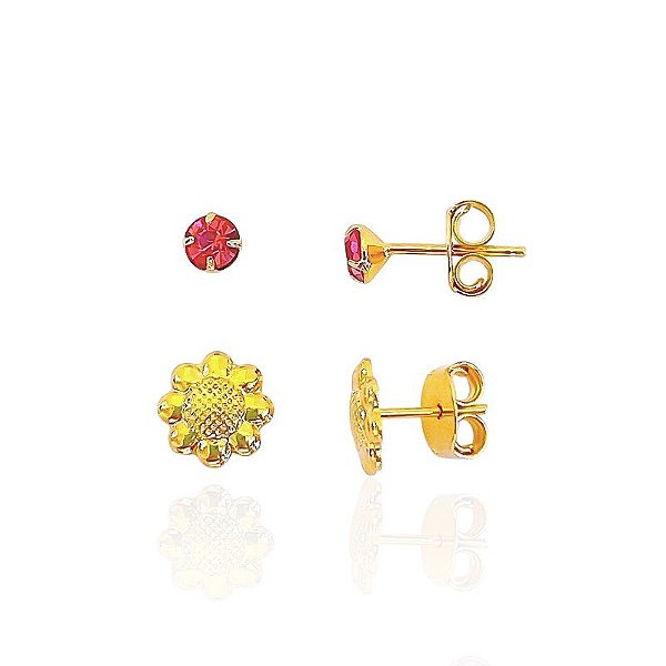 Brinco Duo Ponto de Luz Rosa e Flor - Banho de Ouro 18k