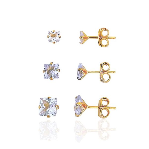 Brinco Trio Zircônia Quadrada - Banho de Ouro 18k