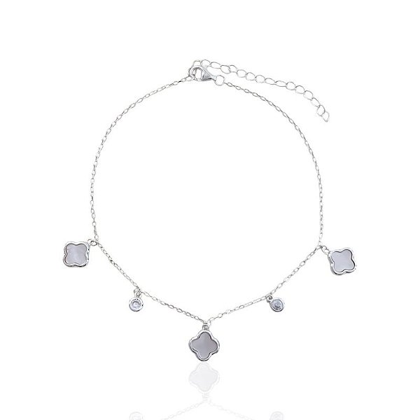 Tornozeleira 3 Trevos Madreperola e Zircônias Elo Cartier 22cm - Prata 925