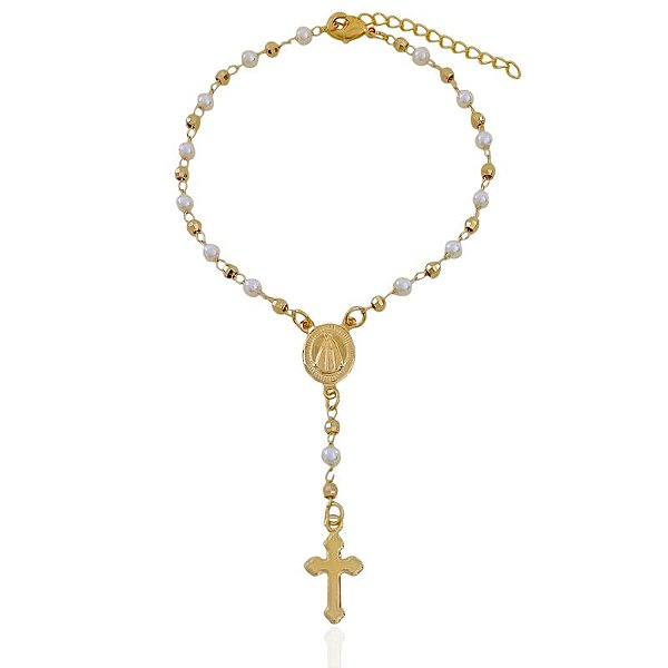 Pulseira Terço com Perolas e Bolinhas 18cm - Banho de ouro 18k