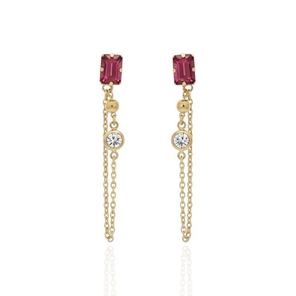 Brinco Zircônia Quadrada Pink c/ Corrente e Ponto de Luz 5cm - Banho de Ouro 18k