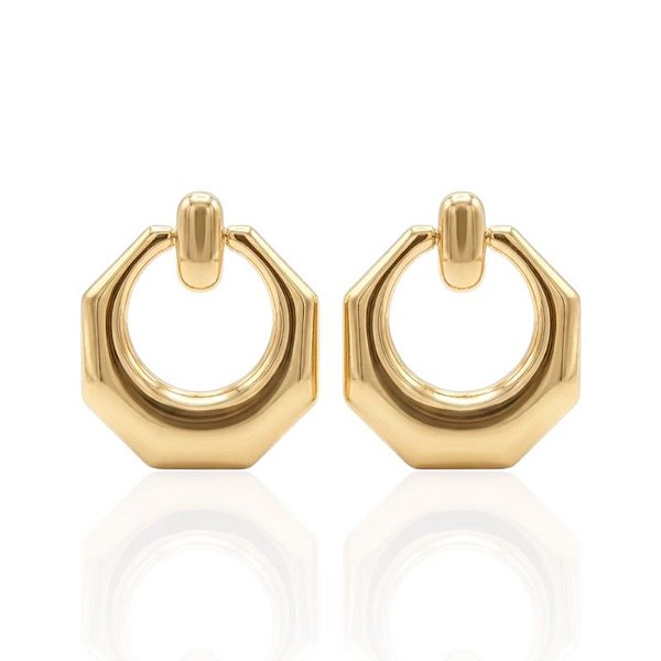 Brinco Argola Frontal Sextavada Lisa Vazada 4,8cm - Banho de Ouro 18k