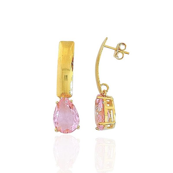 Brinco Base com Gota Zircônia Rosa - Banho de Ouro 18k