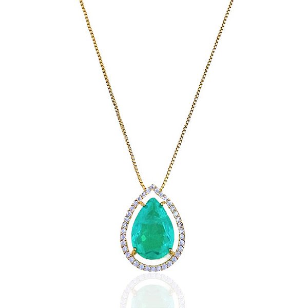 Colar Gota Zircônia Fusion Verde Água com Borda Cravejada Veneziana 45cm - Banho de Ouro 18k