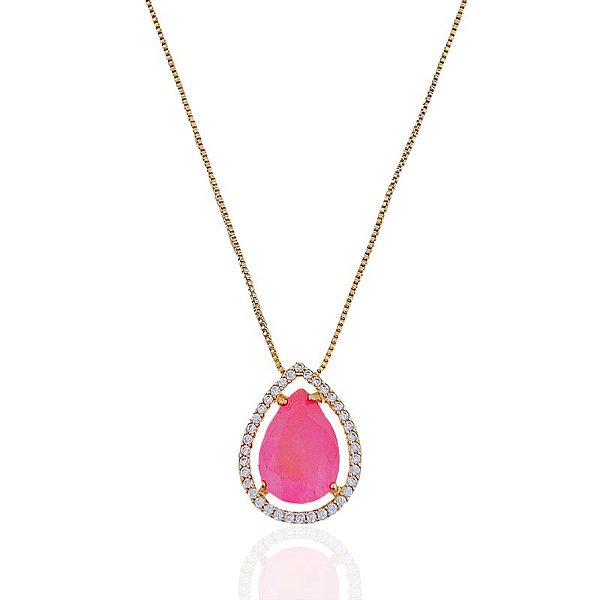 Colar Gota Zircônia Rosa com Borda Cravejada Veneziana 45cm - Banho de Ouro 18k