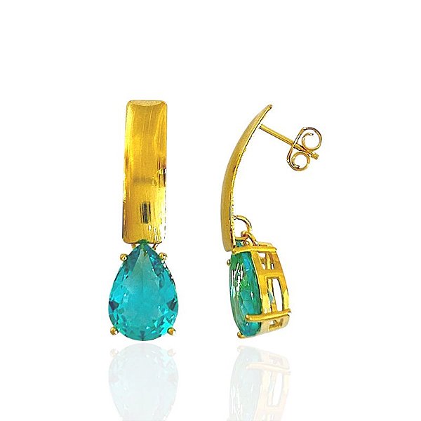 Brinco Base com Gota Zircônia Azul - Banho de Ouro 18k