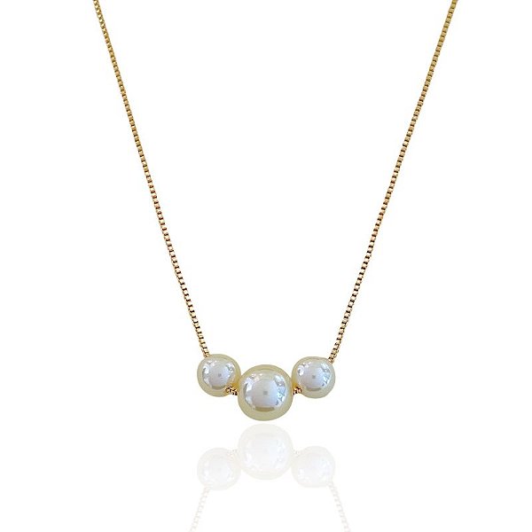 Colar 3 Pérolas 45cm - Banho de Ouro 18k