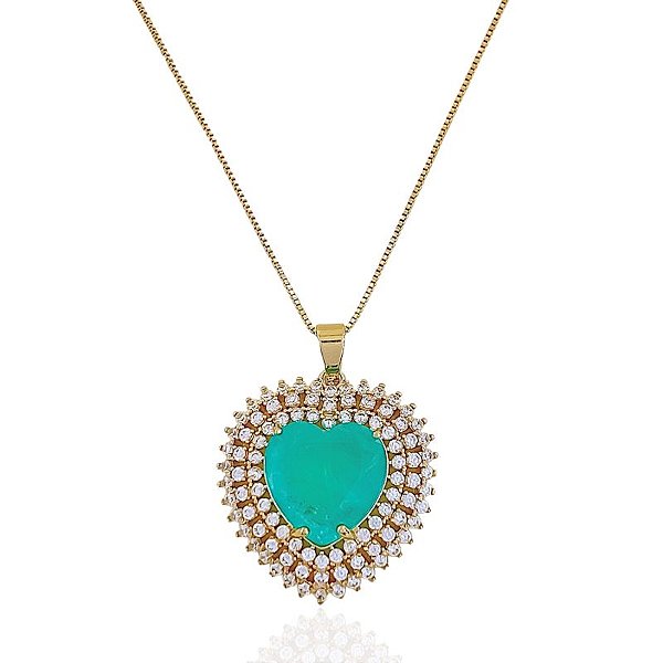 Colar Coração Zircônia Fusion Verde com Borda Cravejada 45cm - Banho Ouro 18k