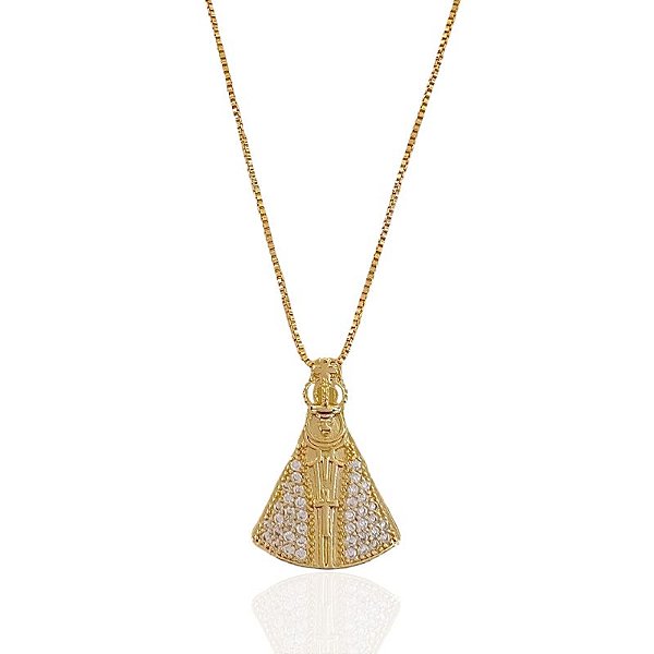 Colar Nossa Senhora Manto Cravejado Cristal 45cm - Banho Ouro 18k