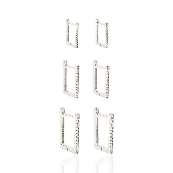 Brinco Trio Argolinha Quadrada Cravejada - Prata 925