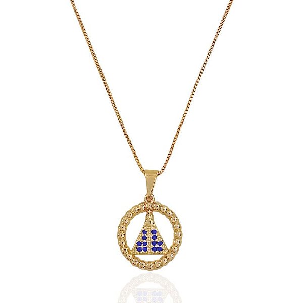 Colar Nossa Senhora Cravejada Azul Círculo Vazado 45cm - Banho Ouro 18k