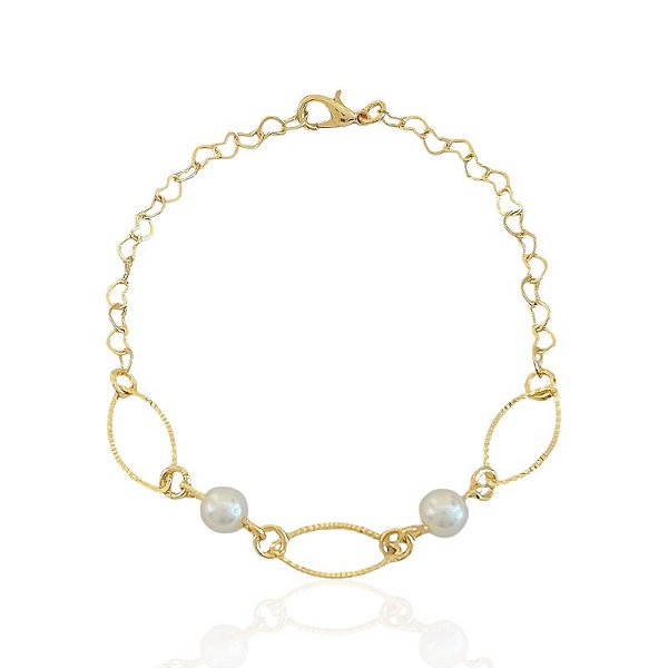 Pulseira Perolas e Elos Vazados 19cm - Banho de ouro 18k