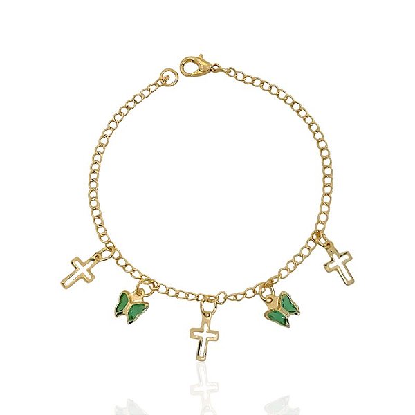 Pulseira Cruz Vazada e Borboletas Verde 19cm - Banho de ouro 18k