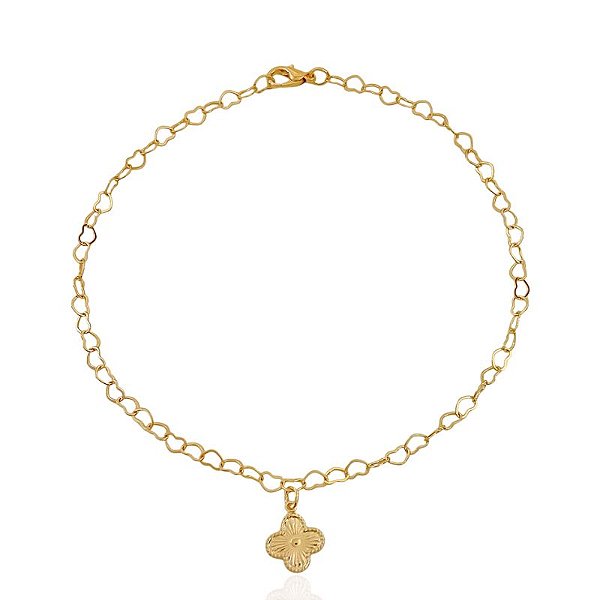 Tornozeleira Trevo Elo Coração 25cm - Banho de Ouro 18k