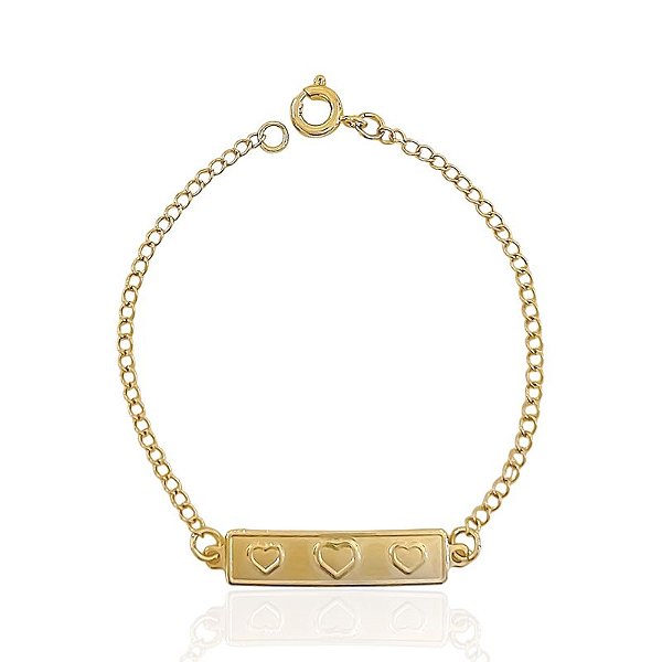 Pulseira Infantil Plaquinha com Corações 15cm - Banho de ouro 18k