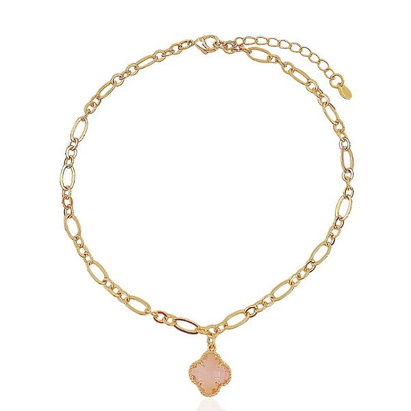 Tornozeleira Trevo Rosa Elo Intercalado 25cm - Banho de Ouro 18k