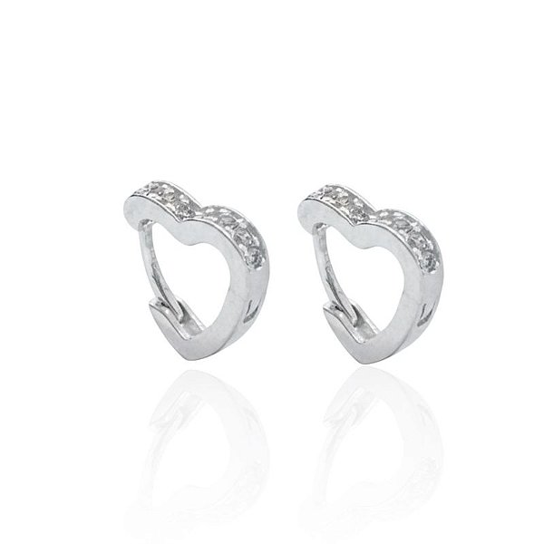 Brinco Argola Click Coração Cravejada 1,3cm - Prata 925